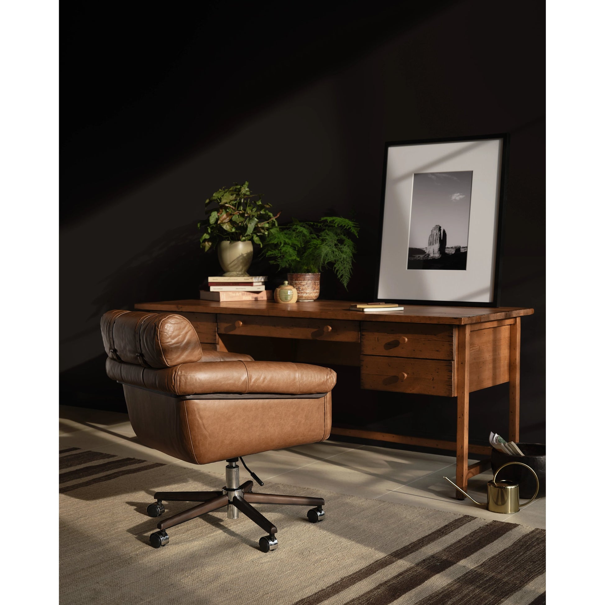 Arnold Desk Chair by Four Hands in polished aluminum, mocha ash, sonoma chestnut and mocha ash, sonoma chestnut. Made from top grain leather, solid ash in a transitional style.