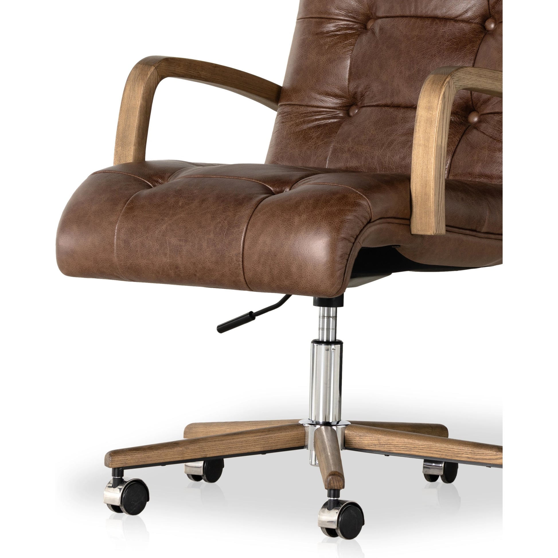 Luca Desk Chair by Four Hands in sonoma coco, amber ash. Made from top grain leather, solid ash, aluminum in a modern style.