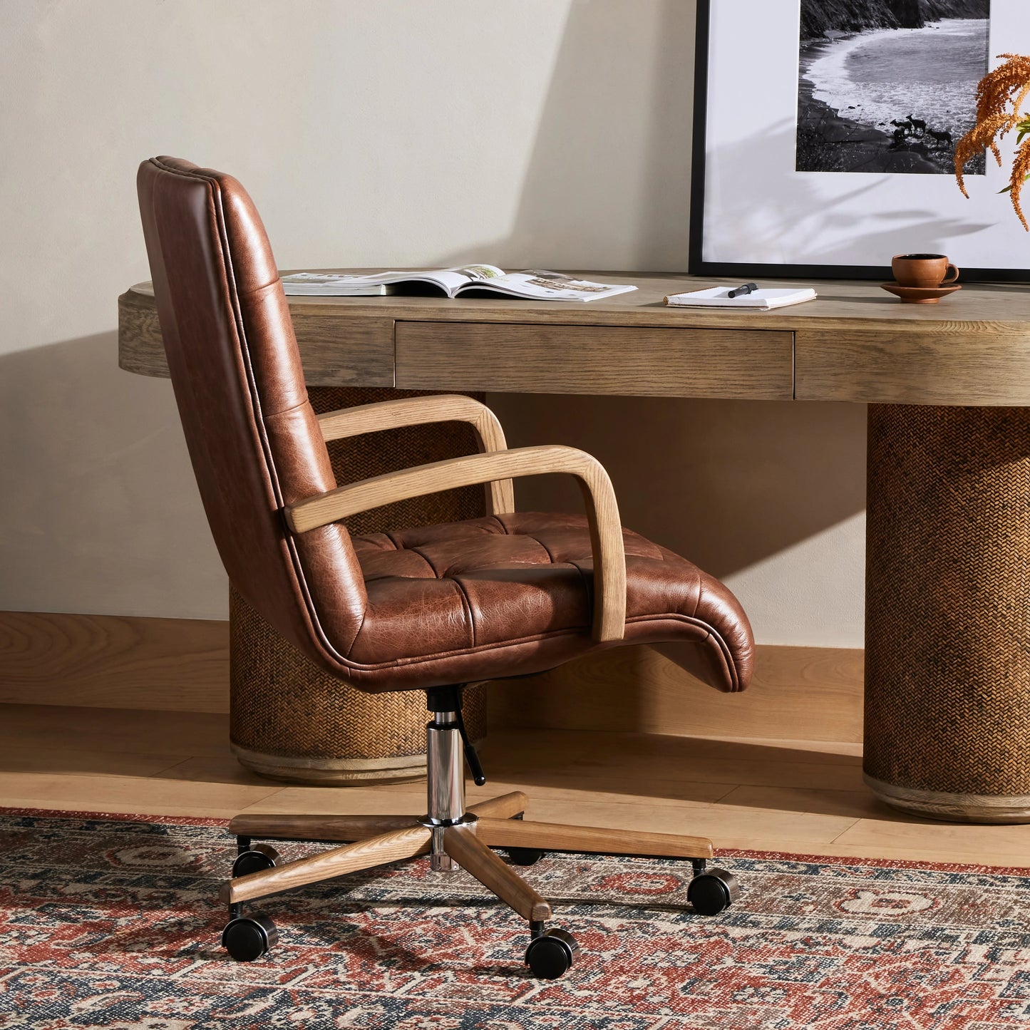 011 SI-1977491 | Lifestyle | Luca Desk Chair by Four Hands in sonoma coco, amber ash. Made from top grain leather, solid ash, aluminum in a modern style.