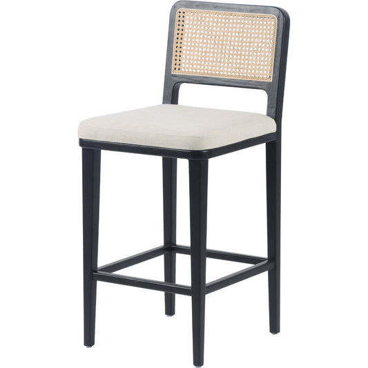 Veka Counter Stool by Four Hands in brushed ebony, savile flax. Made from 92% polyester, 8% flax, linen, solid beech, cane in a coastal style.