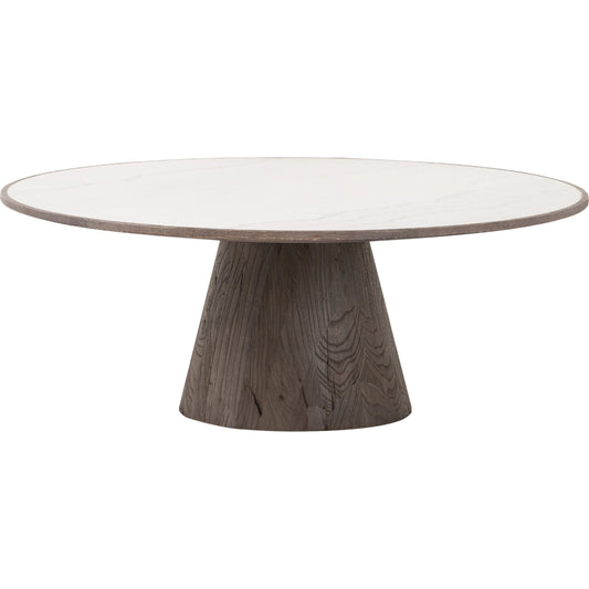 Skye Coffee Table by Four Hands in weathered dark elm, white marble, weathered dark oak. Made from solid marble, solid reclaimed elm, solid oak in a coastal style.