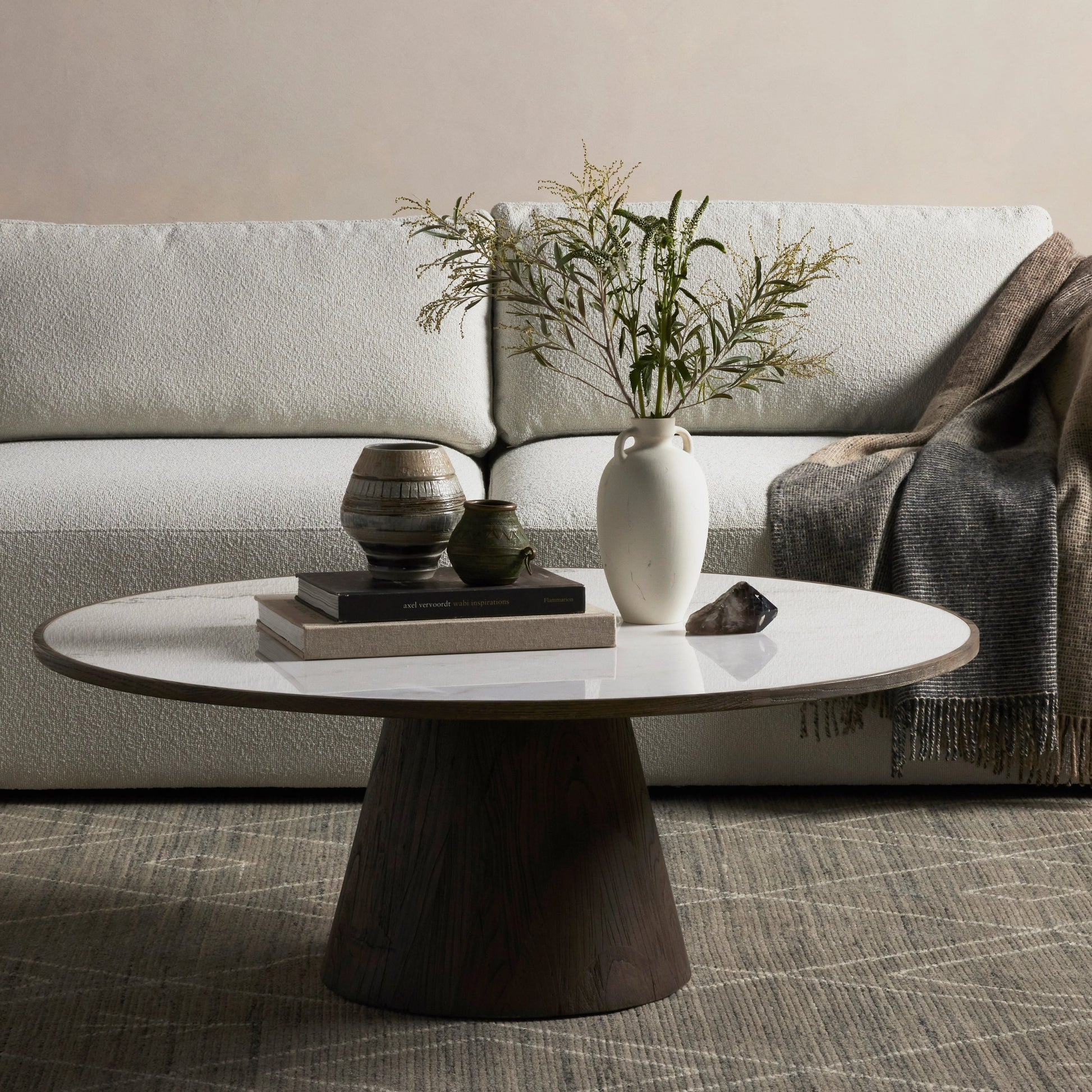 Skye Coffee Table by Four Hands in weathered dark elm, white marble, weathered dark oak. Made from solid marble, solid reclaimed elm, solid oak in a coastal style.