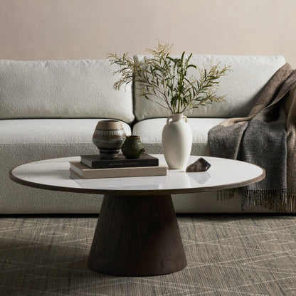 Skye Coffee Table by Four Hands in weathered dark elm, white marble, weathered dark oak. Made from solid marble, solid reclaimed elm, solid oak in a coastal style.