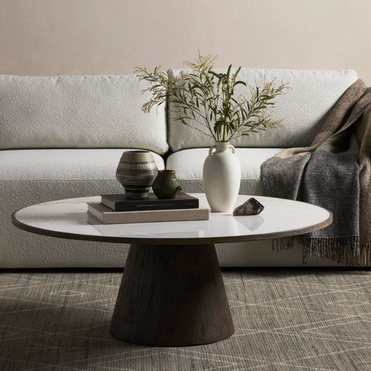 Skye Coffee Table by Four Hands in weathered dark elm, white marble, weathered dark oak. Made from solid marble, solid reclaimed elm, solid oak in a coastal style.