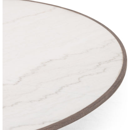 Skye Coffee Table by Four Hands in weathered dark elm, white marble, weathered dark oak. Made from solid marble, solid reclaimed elm, solid oak in a coastal style.