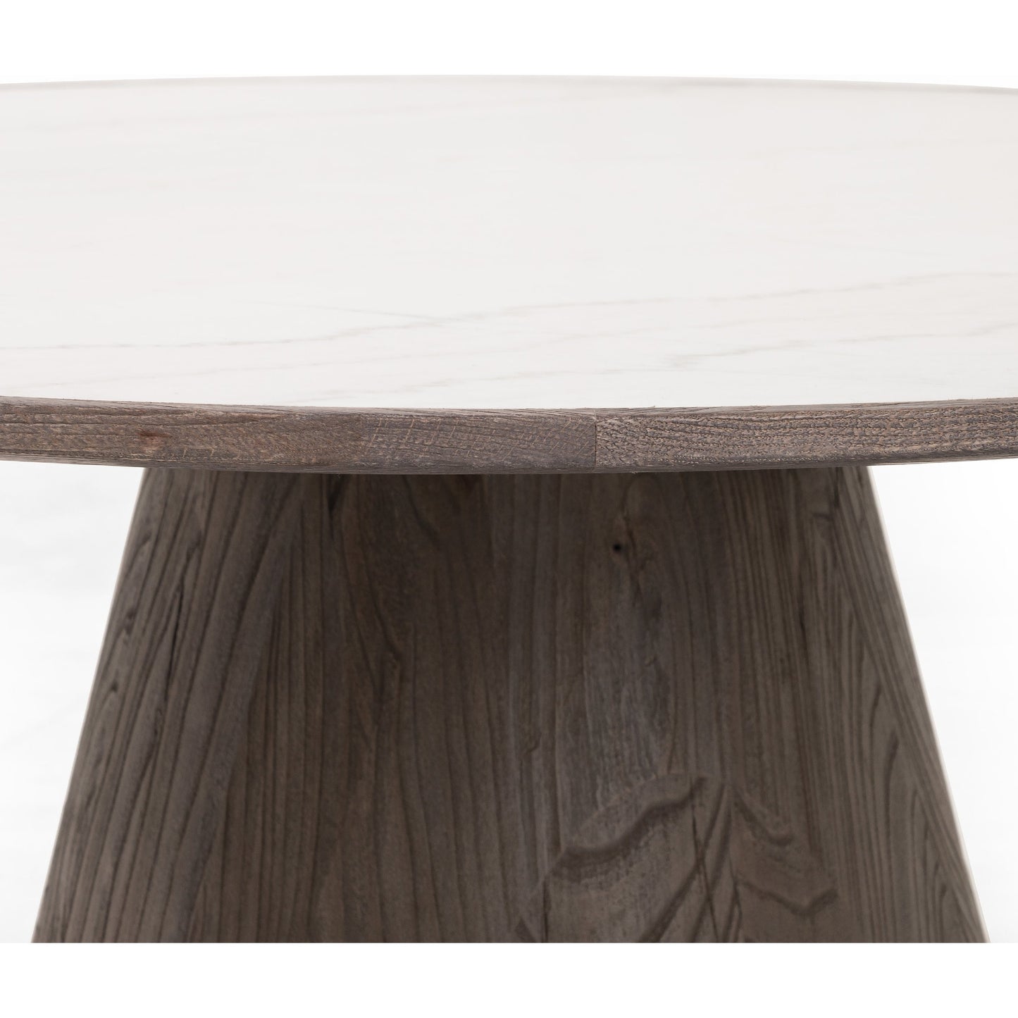 006 SI-1902515 | Closeup | Skye Coffee Table by Four Hands in weathered dark elm, white marble, weathered dark oak. Made from solid marble, solid reclaimed elm, solid oak in a coastal style.