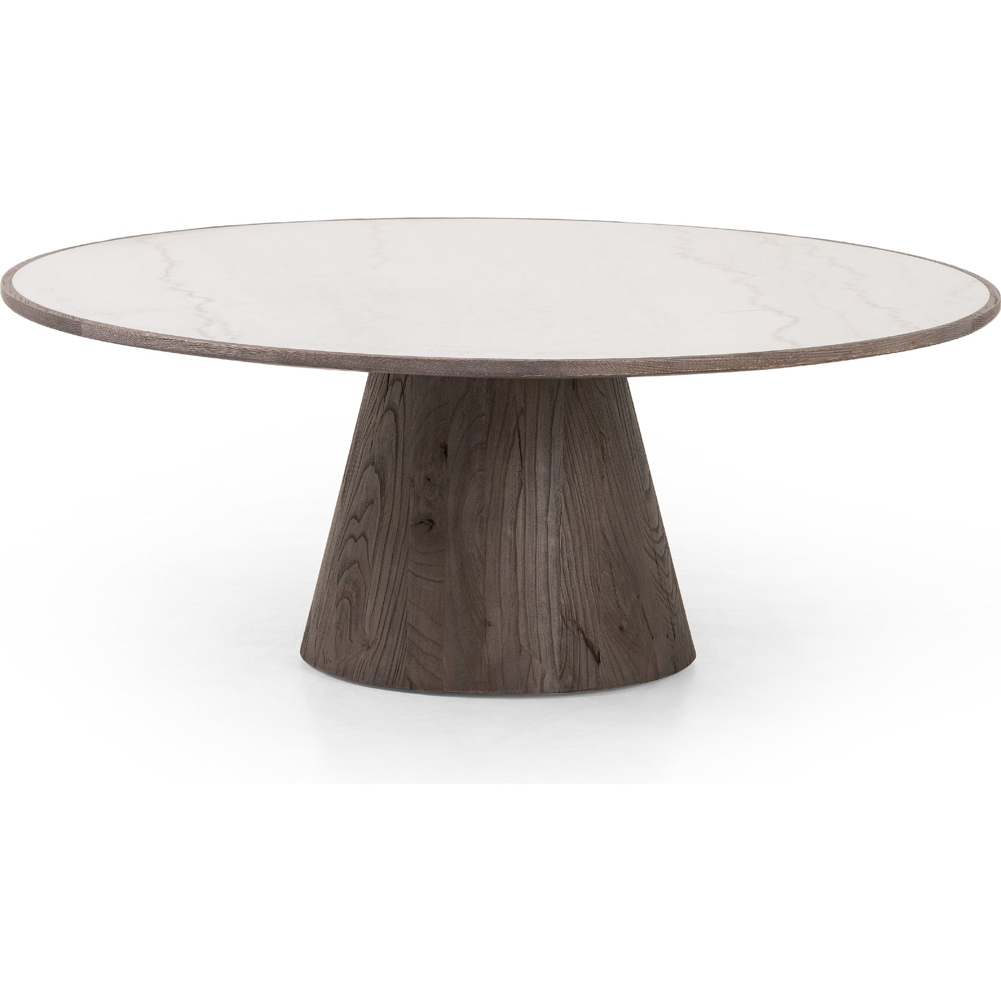 Skye Coffee Table by Four Hands in weathered dark elm, white marble, weathered dark oak. Made from solid marble, solid reclaimed elm, solid oak in a coastal style.