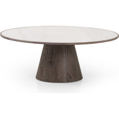 Skye Coffee Table by Four Hands in weathered dark elm, white marble, weathered dark oak. Made from solid marble, solid reclaimed elm, solid oak in a coastal style.