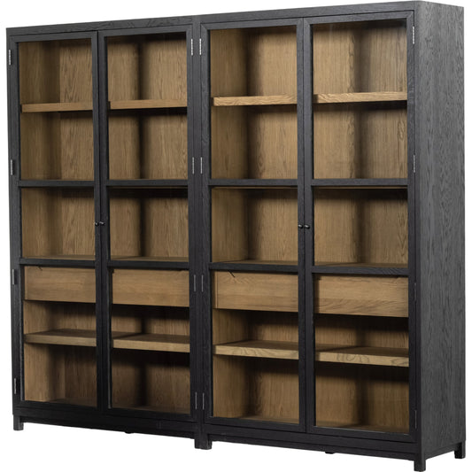 Millie Double Cabinet by Four Hands in tempered glass, drifted black, drifted oak and matte black, drifted oak. Made from solid oak, oak veneer in a modern style.
