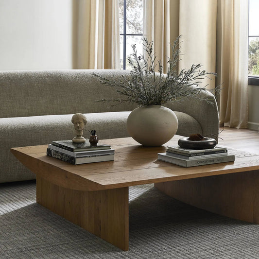 Pickford Square Coffee Table by Four Hands in dusted oak. Made from thick oak veneer, engineered hardwood in a modern style.