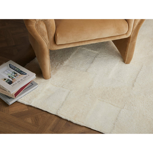 Patchwork Shearling Rug by Four Hands in cream shorn sheepskin. Made from 100% sheared sheepskin in a unique style.