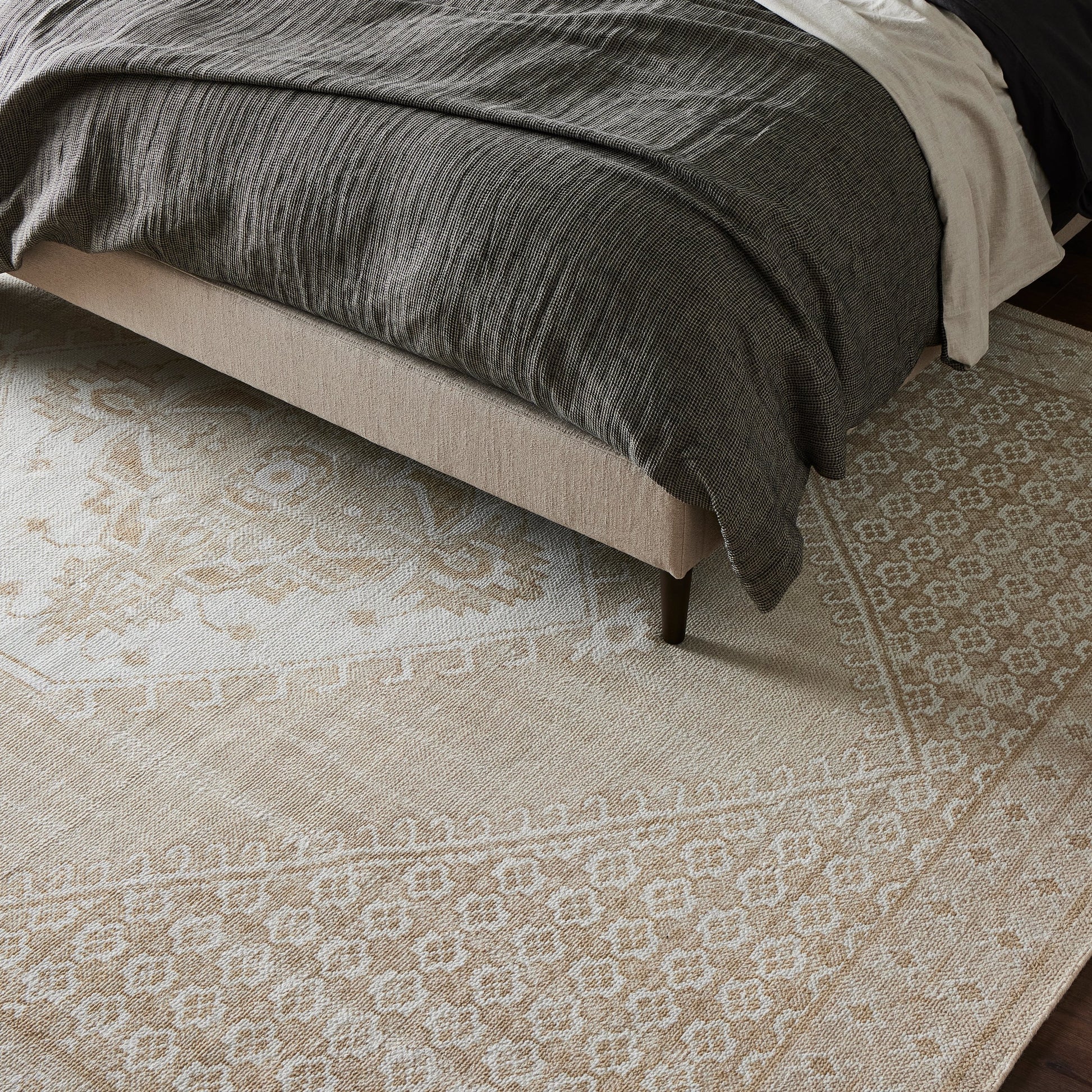 Deluca Rug by Four Hands in banded cream. Made from 100% polyethylene terephthalate (pet) in a unique style.