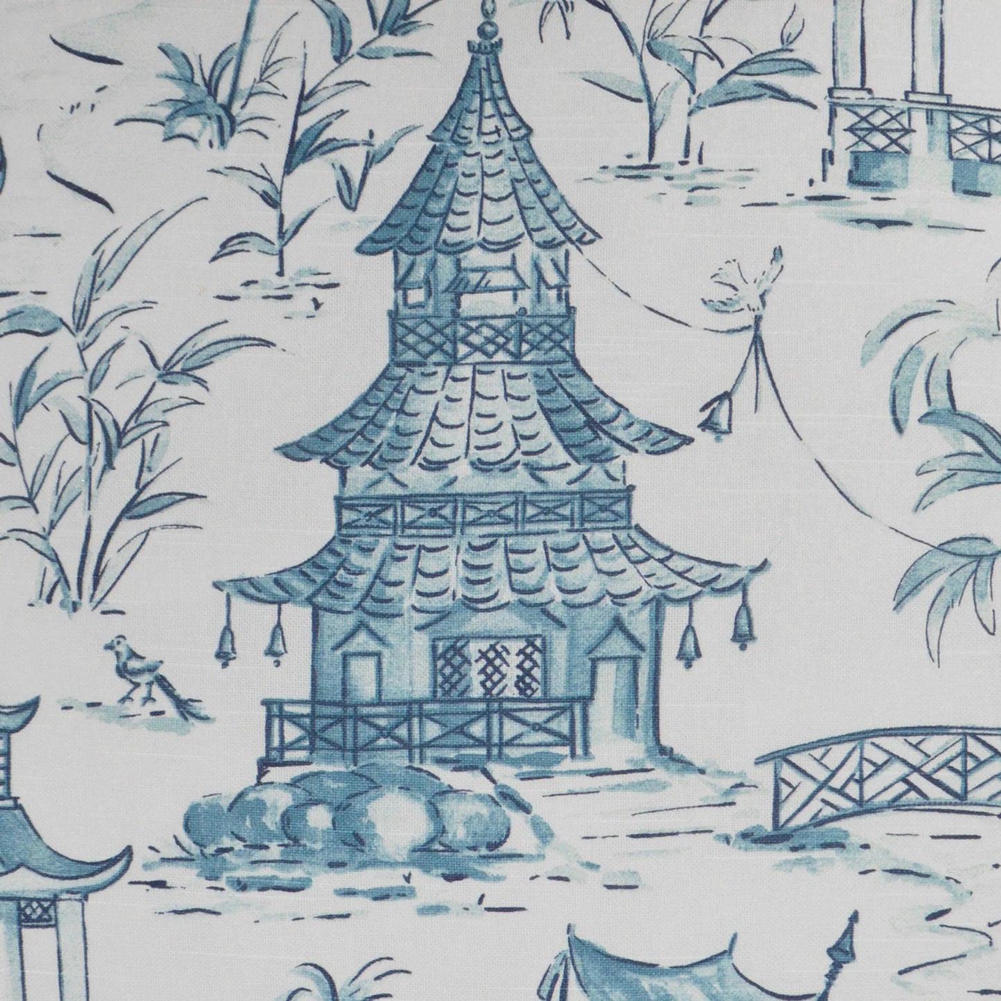 002 SI-2381907 | Closeup | Pagodas Pillow by DV Kap Home in blue. Made from 100% cotton in a traditional style.