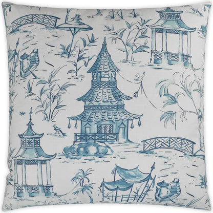 Pagodas Pillow by DV Kap Home in blue. Made from 100% cotton in a traditional style.