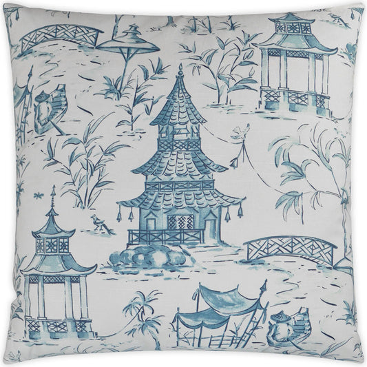 Pagodas Pillow by DV Kap Home in blue. Made from 100% cotton in a unique style.