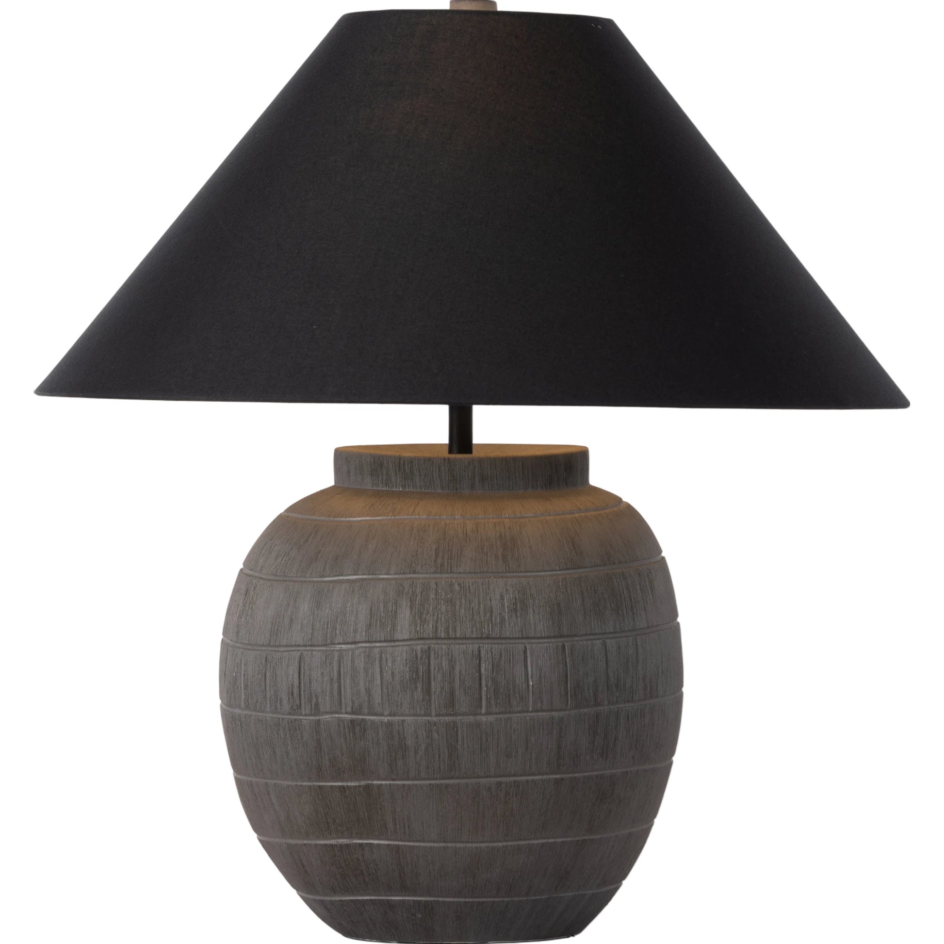 Muji Table Lamp by Four Hands in textured matte black porcelain ceramic, ivory linen. Made from ceramic, 65% polyester, 35% flax, linen, thermoplastic in a modern style.