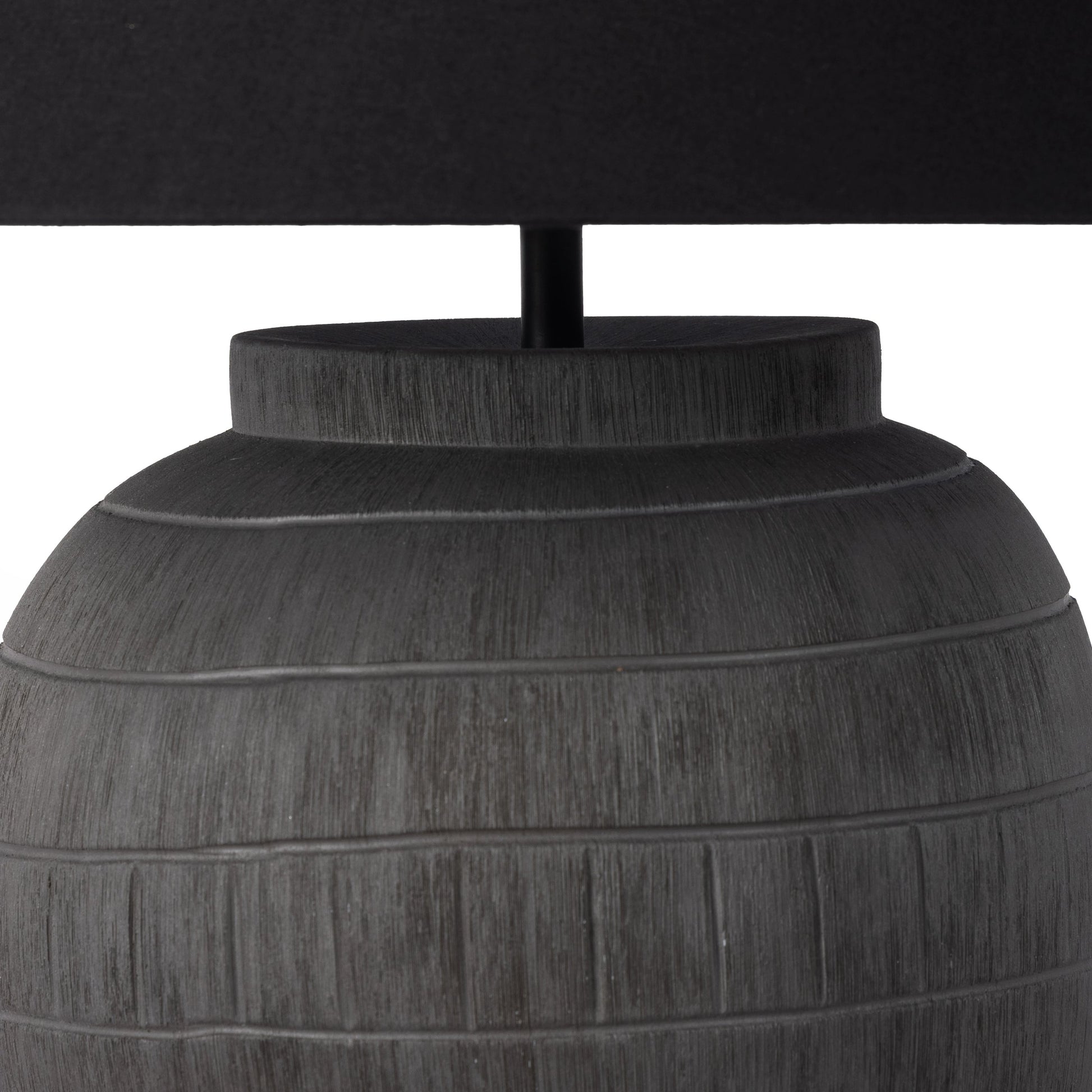 Muji Table Lamp by Four Hands in textured matte black porcelain ceramic, ivory linen. Made from ceramic, 65% polyester, 35% flax, linen, thermoplastic in a modern style.