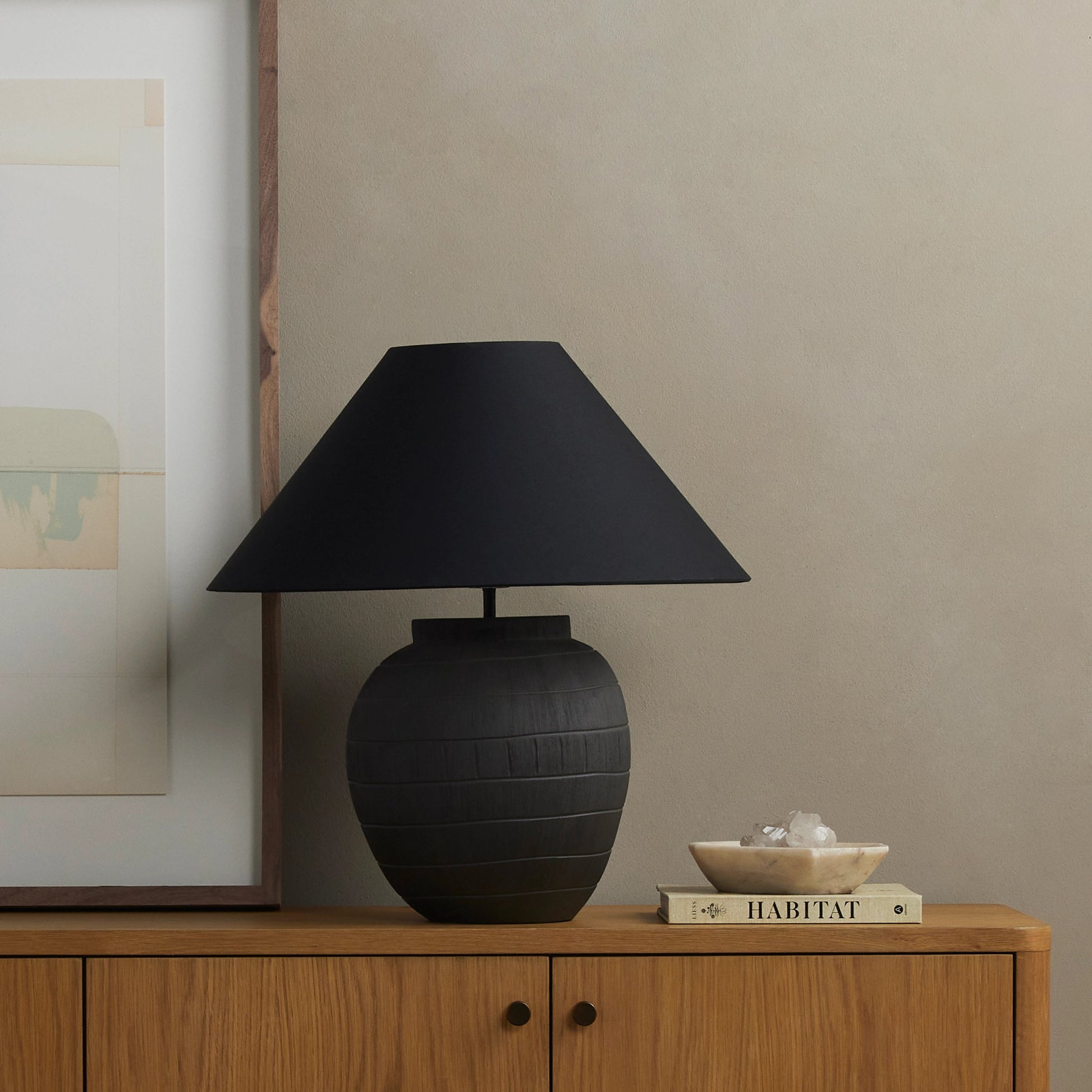 Muji Table Lamp by Four Hands in textured matte black porcelain ceramic, ivory linen. Made from ceramic, 65% polyester, 35% flax, linen, thermoplastic in a modern style.