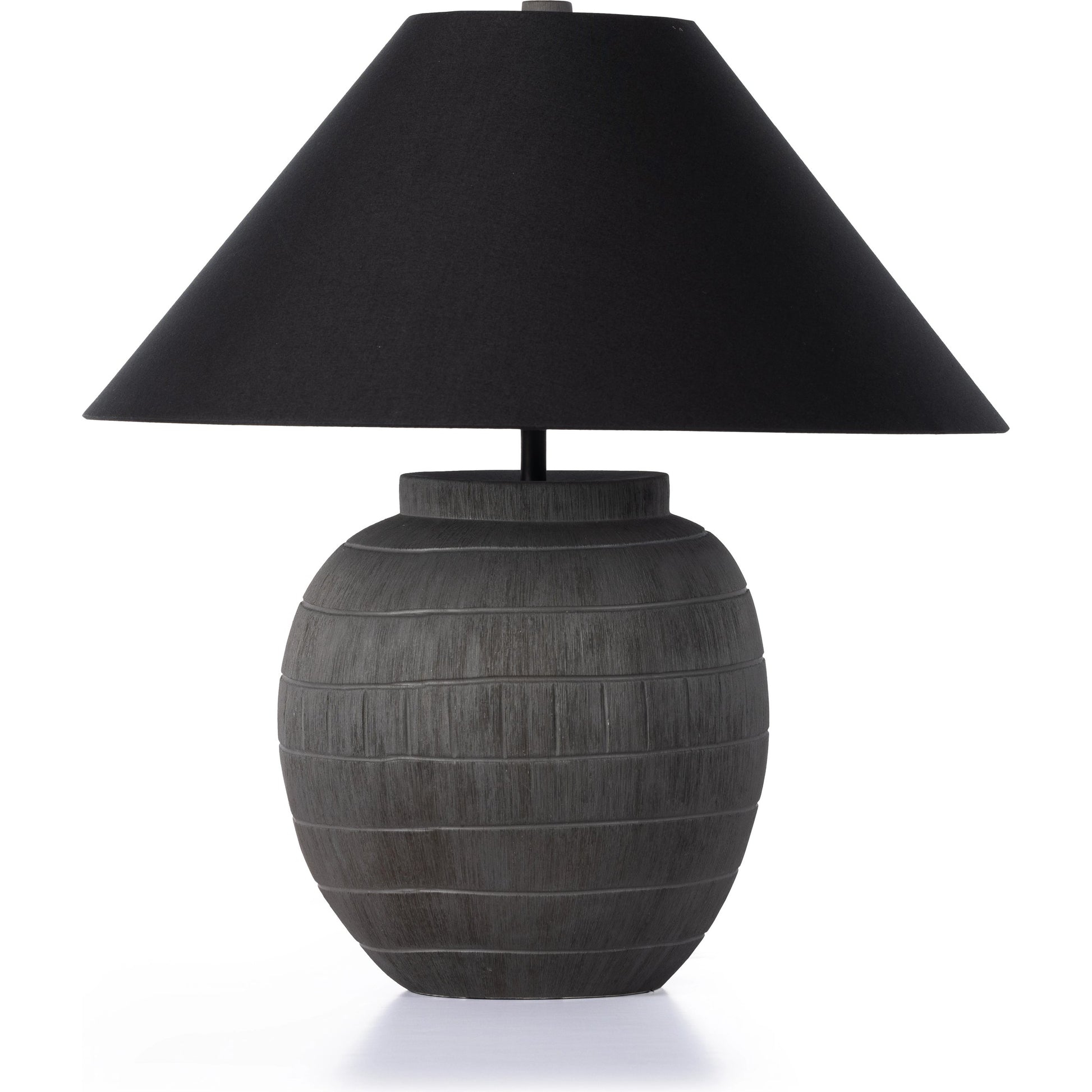 Muji Table Lamp by Four Hands in textured matte black porcelain ceramic, ivory linen. Made from ceramic, 65% polyester, 35% flax, linen, thermoplastic in a modern style.