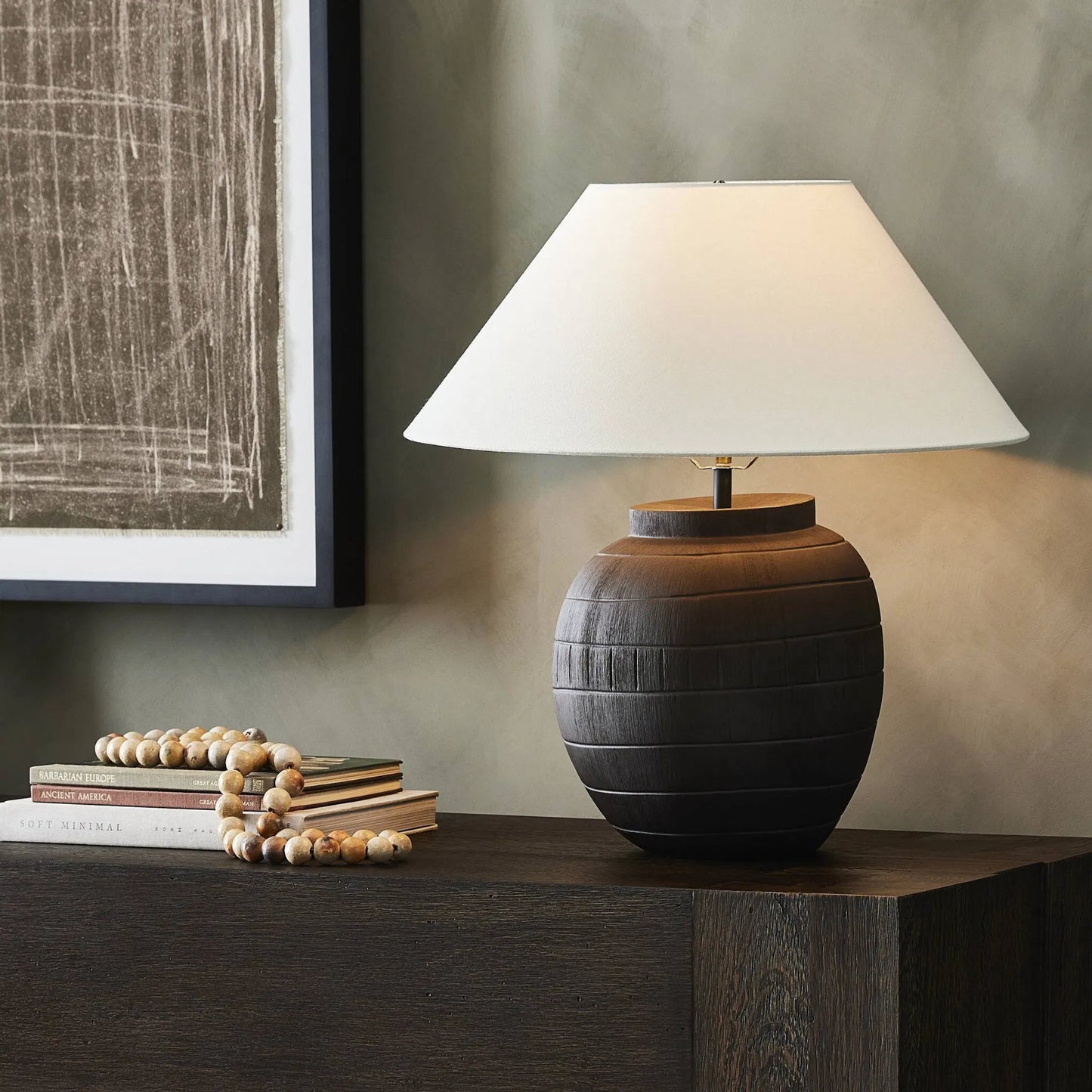 015 SI-1980595 | Lifestyle | Muji Table Lamp by Four Hands in textured matte black porcelain ceramic, ivory linen. Made from ceramic, 65% polyester, 35% flax, linen, thermoplastic in a modern style.