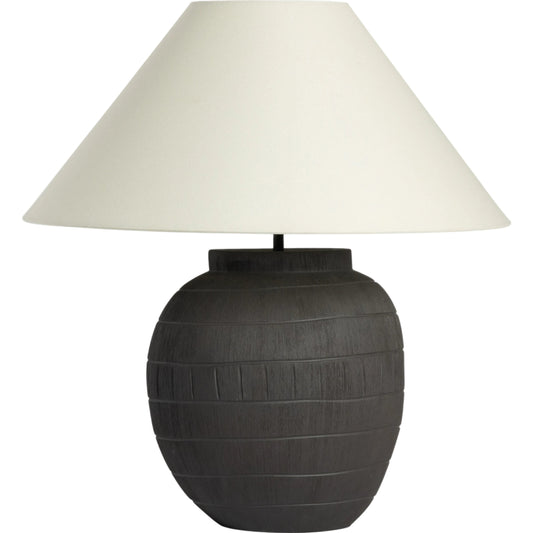 Muji Table Lamp by Four Hands in textured matte black porcelain ceramic, ivory linen. Made from ceramic, 65% polyester, 35% flax, linen, thermoplastic in a modern style.
