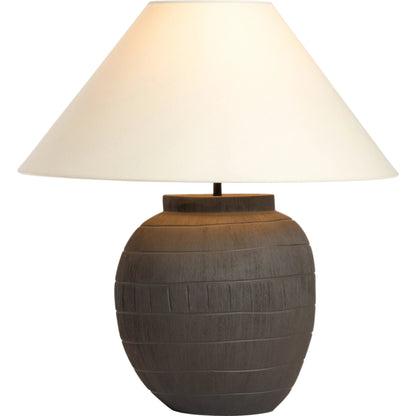 Muji Table Lamp by Four Hands in textured matte black porcelain ceramic, ivory linen. Made from ceramic, 65% polyester, 35% flax, linen, thermoplastic in a modern style.