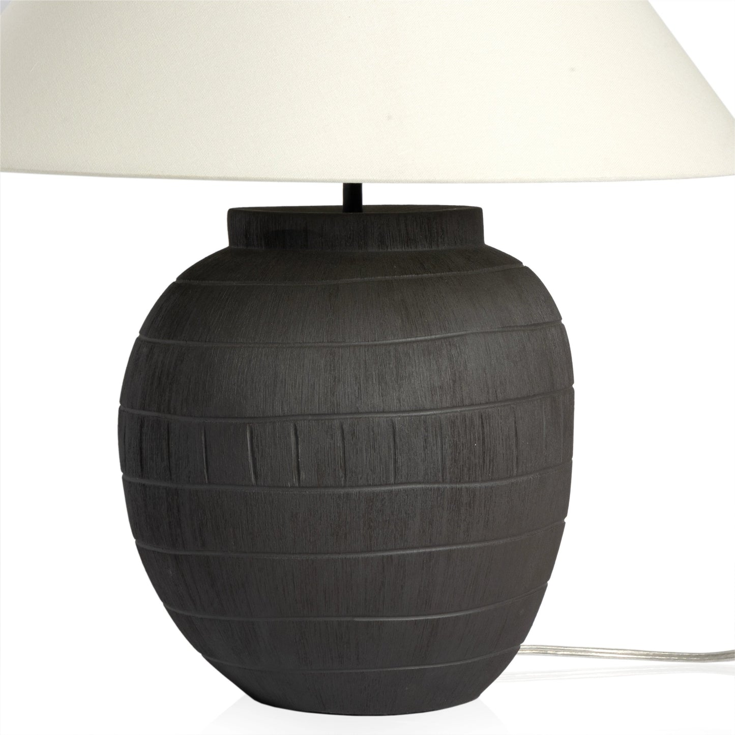 010 SI-1980595 | Closeup | Muji Table Lamp by Four Hands in textured matte black porcelain ceramic, ivory linen. Made from ceramic, 65% polyester, 35% flax, linen, thermoplastic in a modern style.