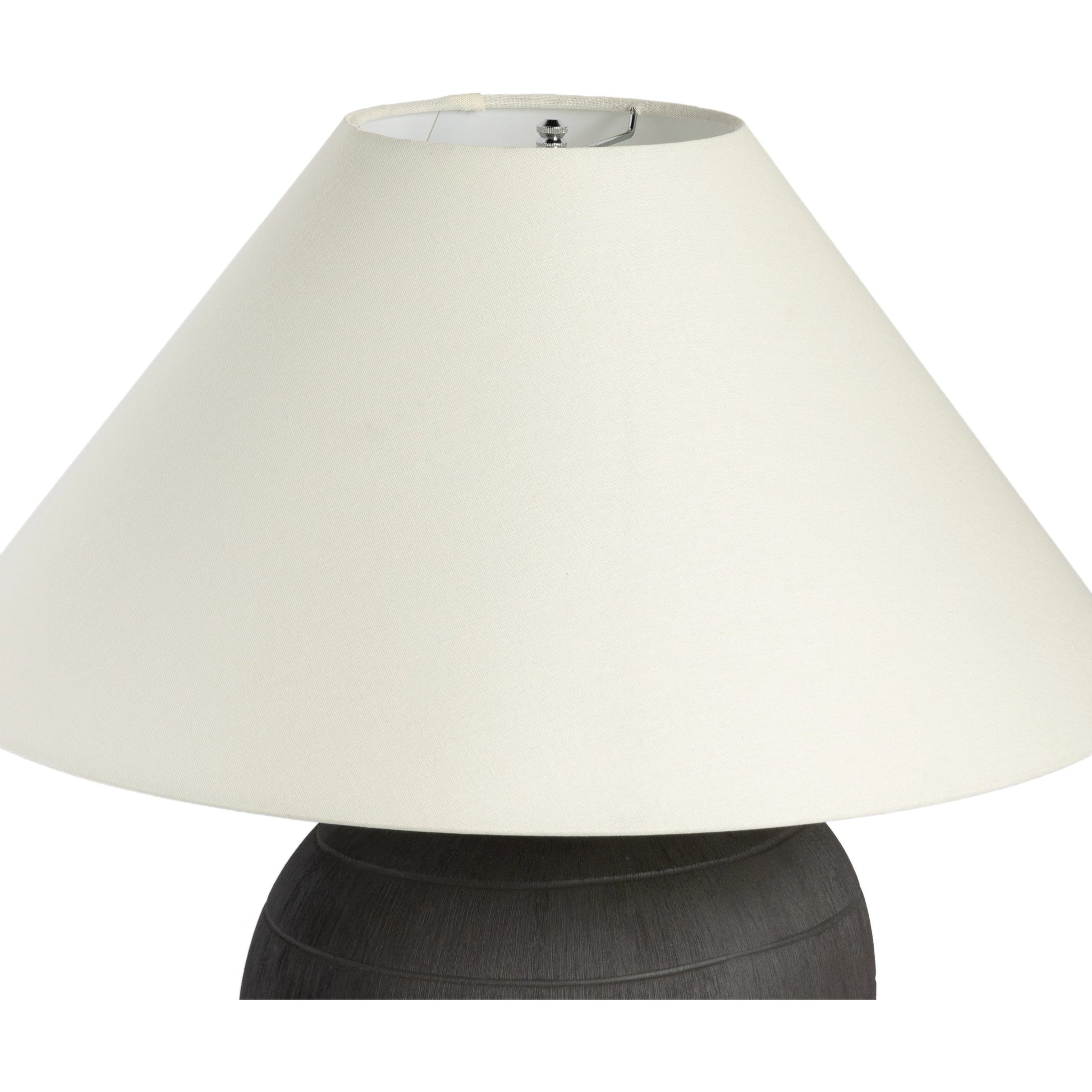 Muji Table Lamp by Four Hands in textured matte black porcelain ceramic, ivory linen. Made from ceramic, 65% polyester, 35% flax, linen, thermoplastic in a modern style.