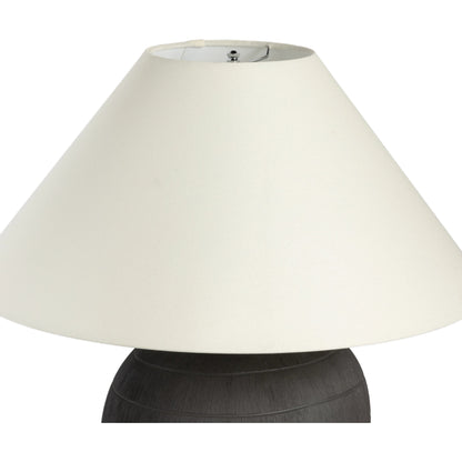 Muji Table Lamp by Four Hands in textured matte black porcelain ceramic, ivory linen. Made from ceramic, 65% polyester, 35% flax, linen, thermoplastic in a modern style.