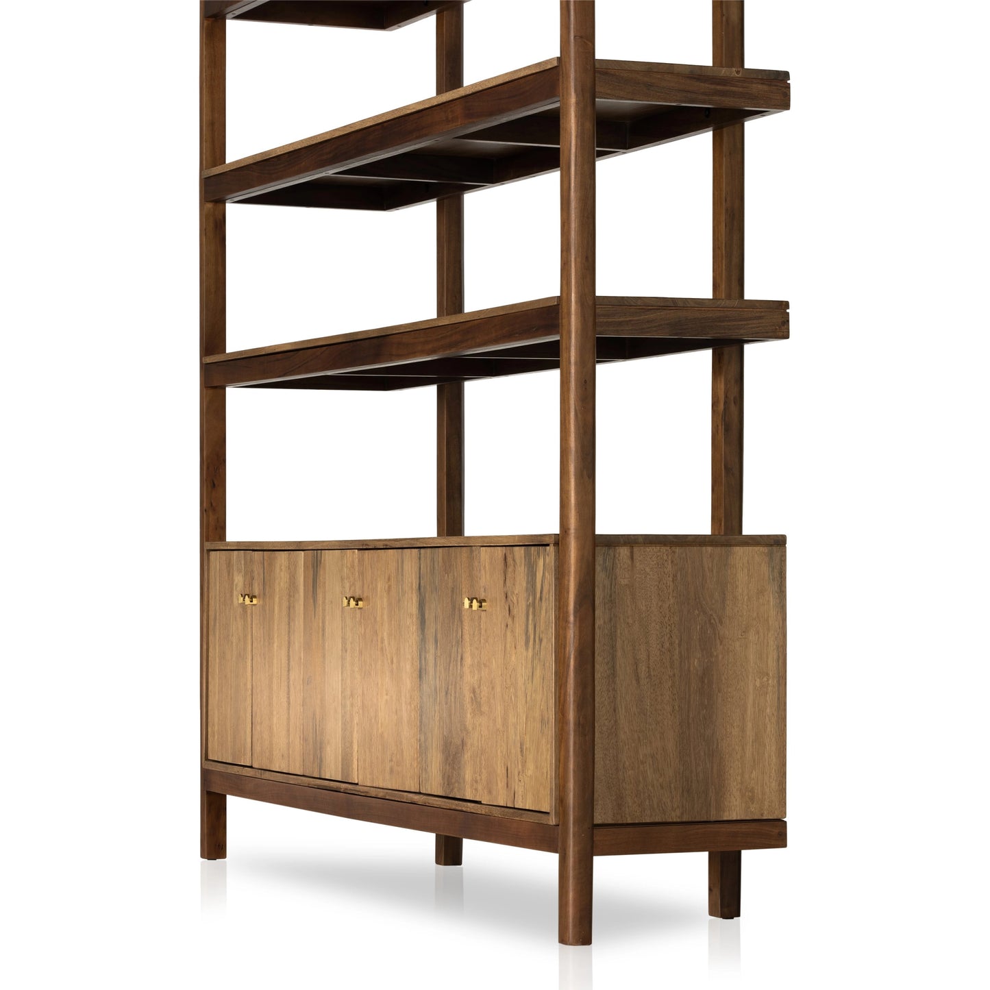 002 SI-1977719 | Additional Silo | Reza Wide Bookcase by Four Hands in smoked honey, raw brass, toasted acacia. Made from solid acacia, solid parawood in a modern style.