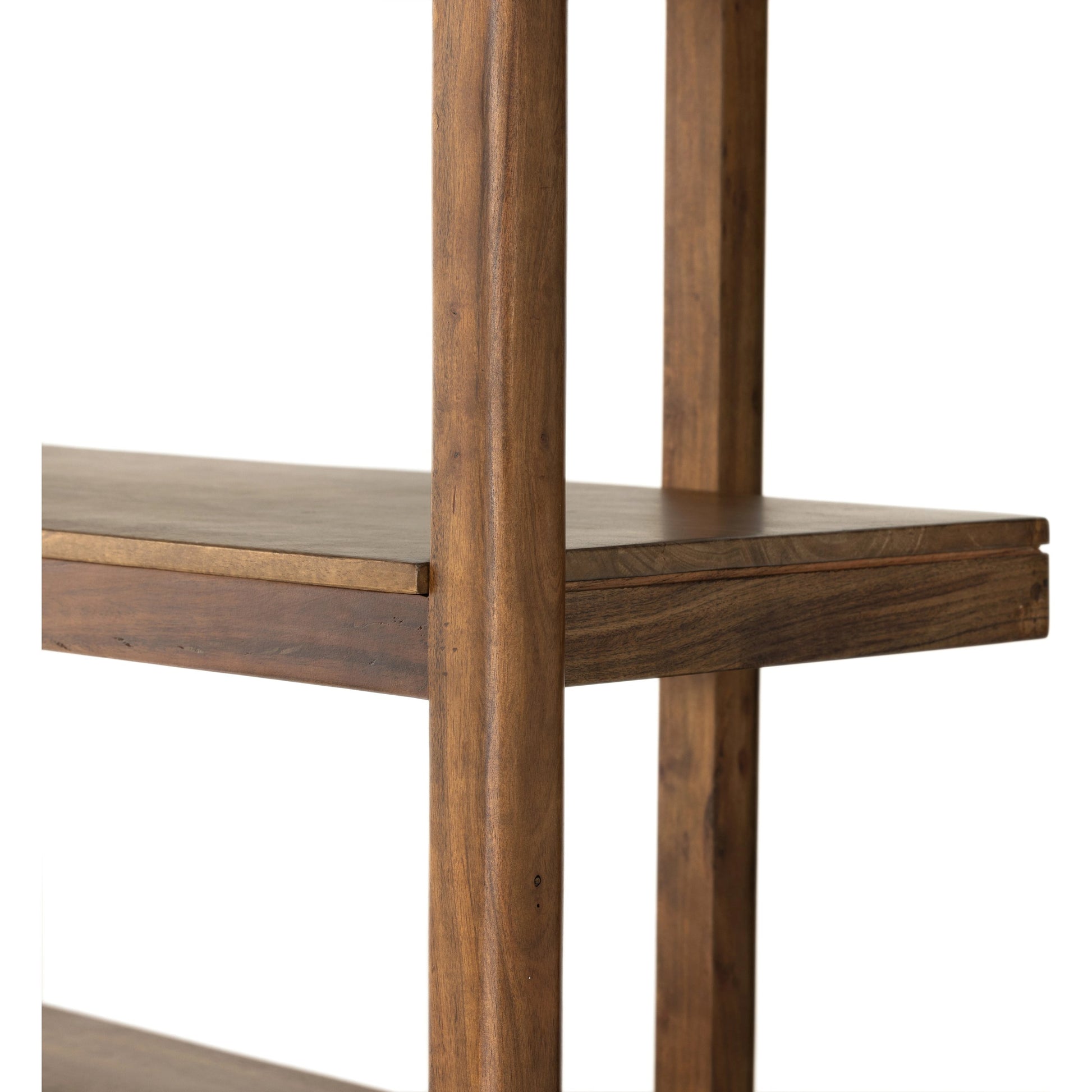 Reza Wide Bookcase by Four Hands in smoked honey, raw brass, toasted acacia. Made from solid acacia, solid parawood in a modern style.