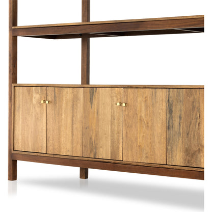 Reza Wide Bookcase by Four Hands in smoked honey, raw brass, toasted acacia. Made from solid acacia, solid parawood in a modern style.
