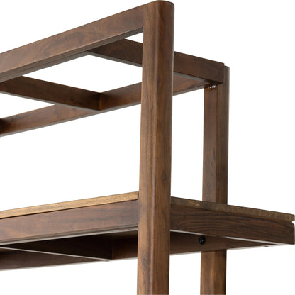 Reza Wide Bookcase by Four Hands in smoked honey, raw brass, toasted acacia. Made from solid acacia, solid parawood in a modern style.