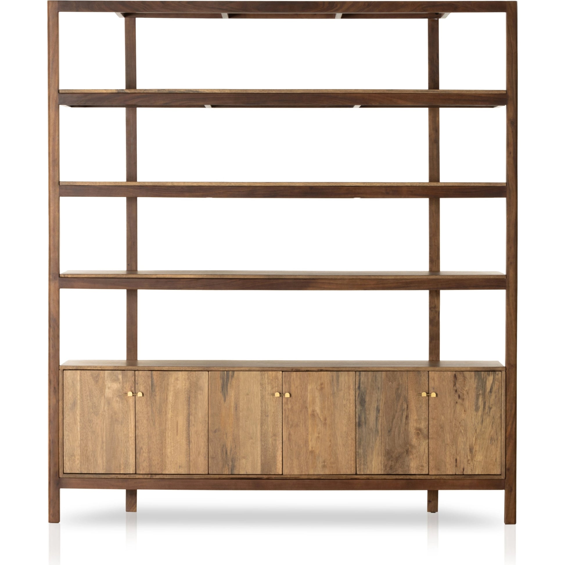 Reza Wide Bookcase by Four Hands in smoked honey, raw brass, toasted acacia. Made from solid acacia, solid parawood in a modern style.