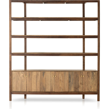 Reza Wide Bookcase by Four Hands in smoked honey, raw brass, toasted acacia. Made from solid acacia, solid parawood in a modern style.