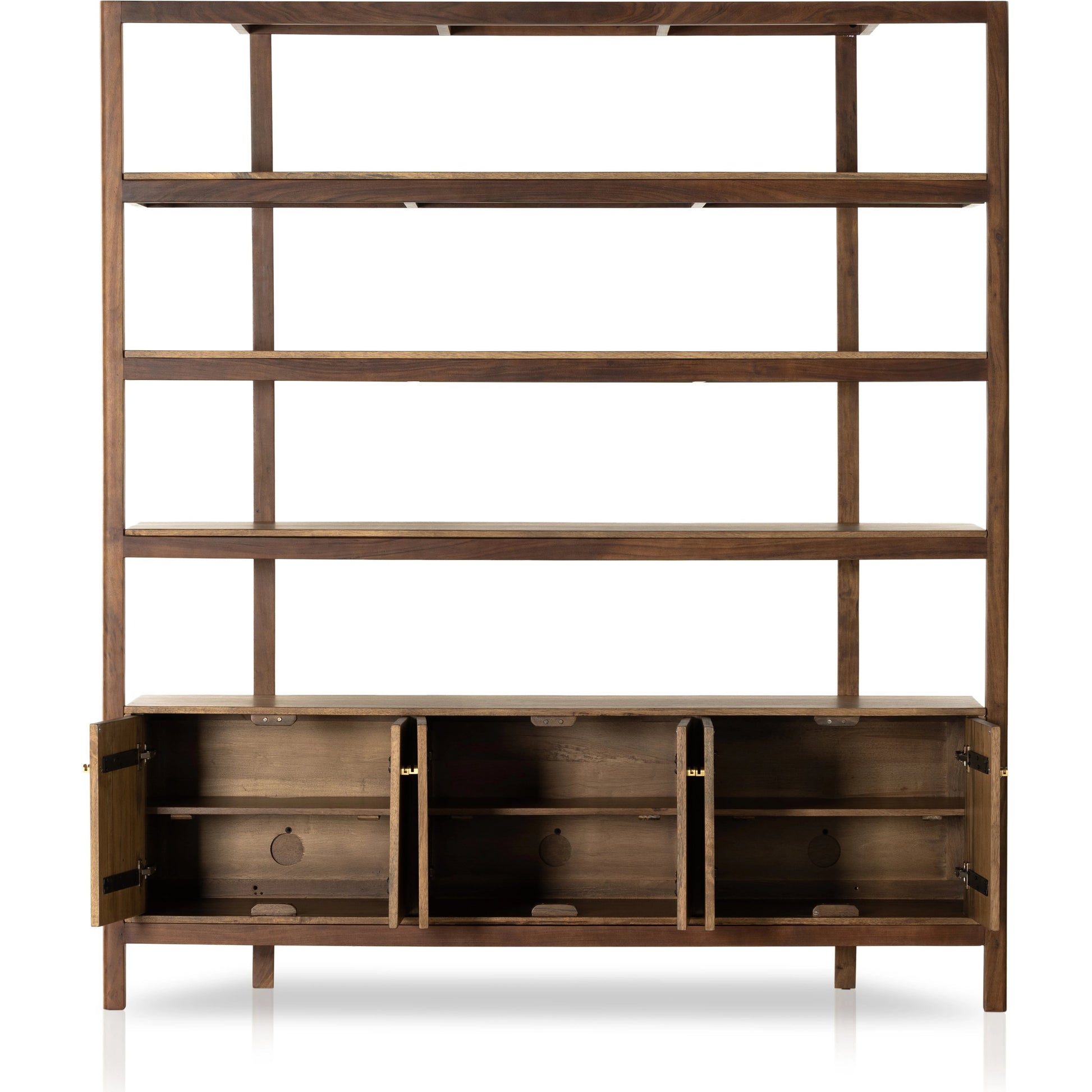 Reza Wide Bookcase by Four Hands in smoked honey, raw brass, toasted acacia. Made from solid acacia, solid parawood in a modern style.