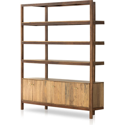 Reza Wide Bookcase by Four Hands in smoked honey, raw brass, toasted acacia. Made from solid acacia, solid parawood in a modern style.