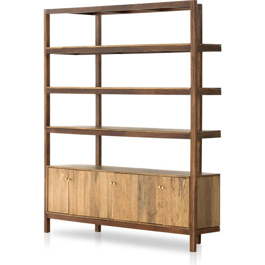 Reza Wide Bookcase by Four Hands in smoked honey, raw brass, toasted acacia. Made from solid acacia, solid parawood in a modern style.