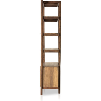 Reza Wide Bookcase by Four Hands in smoked honey, raw brass, toasted acacia. Made from solid acacia, solid parawood in a modern style.