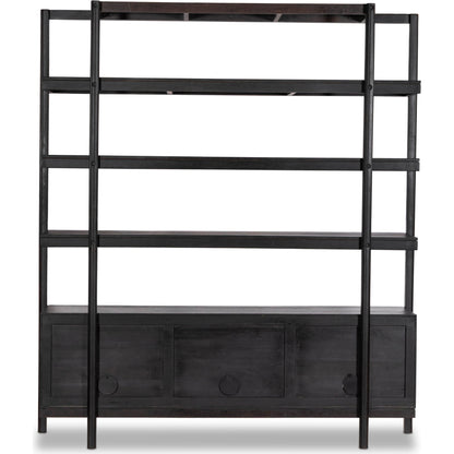 Reza Wide Bookcase by Four Hands in smoked honey, raw brass, toasted acacia. Made from solid acacia, solid parawood in a modern style.