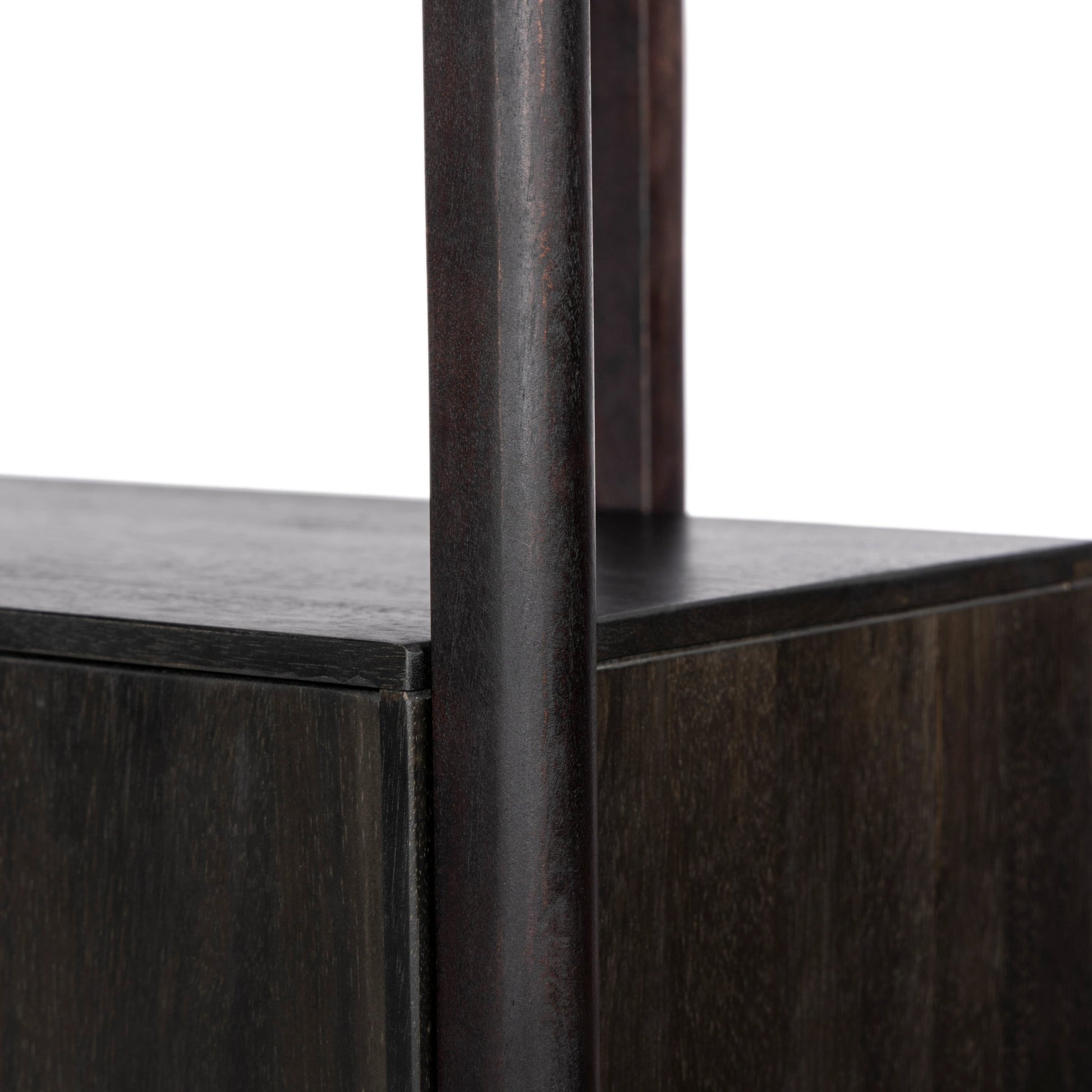 Reza Wide Bookcase by Four Hands in smoked honey, raw brass, toasted acacia. Made from solid acacia, solid parawood in a modern style.