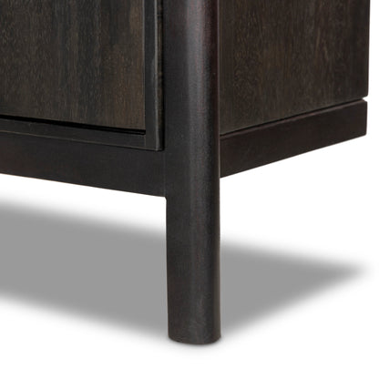 Reza Wide Bookcase by Four Hands in smoked honey, raw brass, toasted acacia. Made from solid acacia, solid parawood in a modern style.