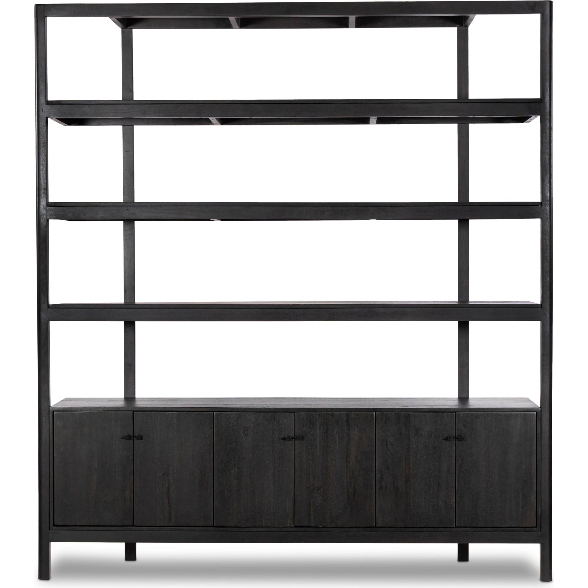 Reza Wide Bookcase by Four Hands in smoked honey, raw brass, toasted acacia. Made from solid acacia, solid parawood in a modern style.