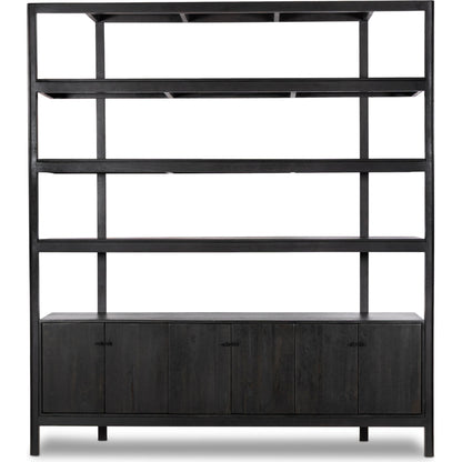 Reza Wide Bookcase by Four Hands in smoked honey, raw brass, toasted acacia. Made from solid acacia, solid parawood in a modern style.