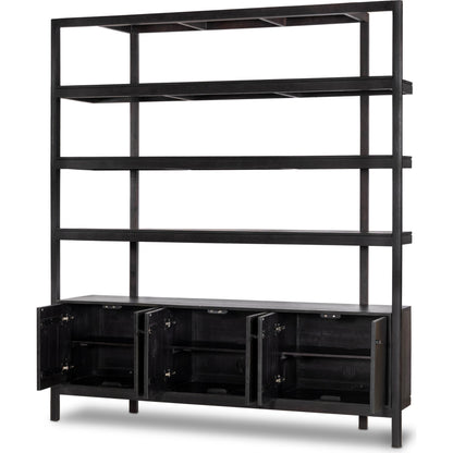 Reza Wide Bookcase by Four Hands in smoked honey, raw brass, toasted acacia. Made from solid acacia, solid parawood in a modern style.
