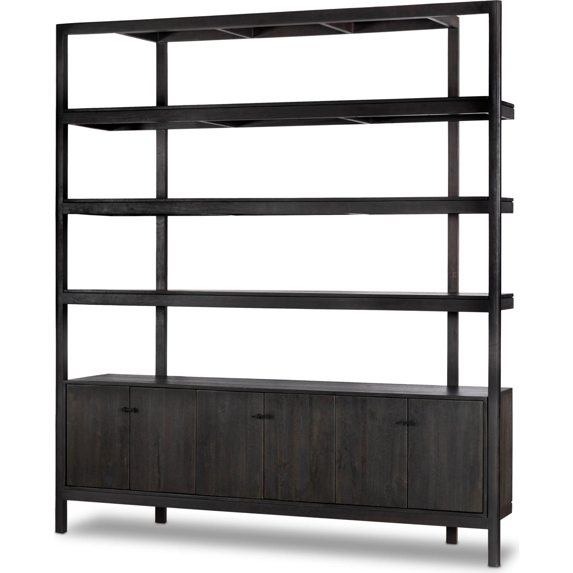 Reza Wide Bookcase by Four Hands in smoked honey, raw brass, toasted acacia. Made from solid acacia, solid parawood in a modern style.