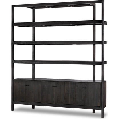Reza Wide Bookcase by Four Hands in smoked honey, raw brass, toasted acacia. Made from solid acacia, solid parawood in a modern style.