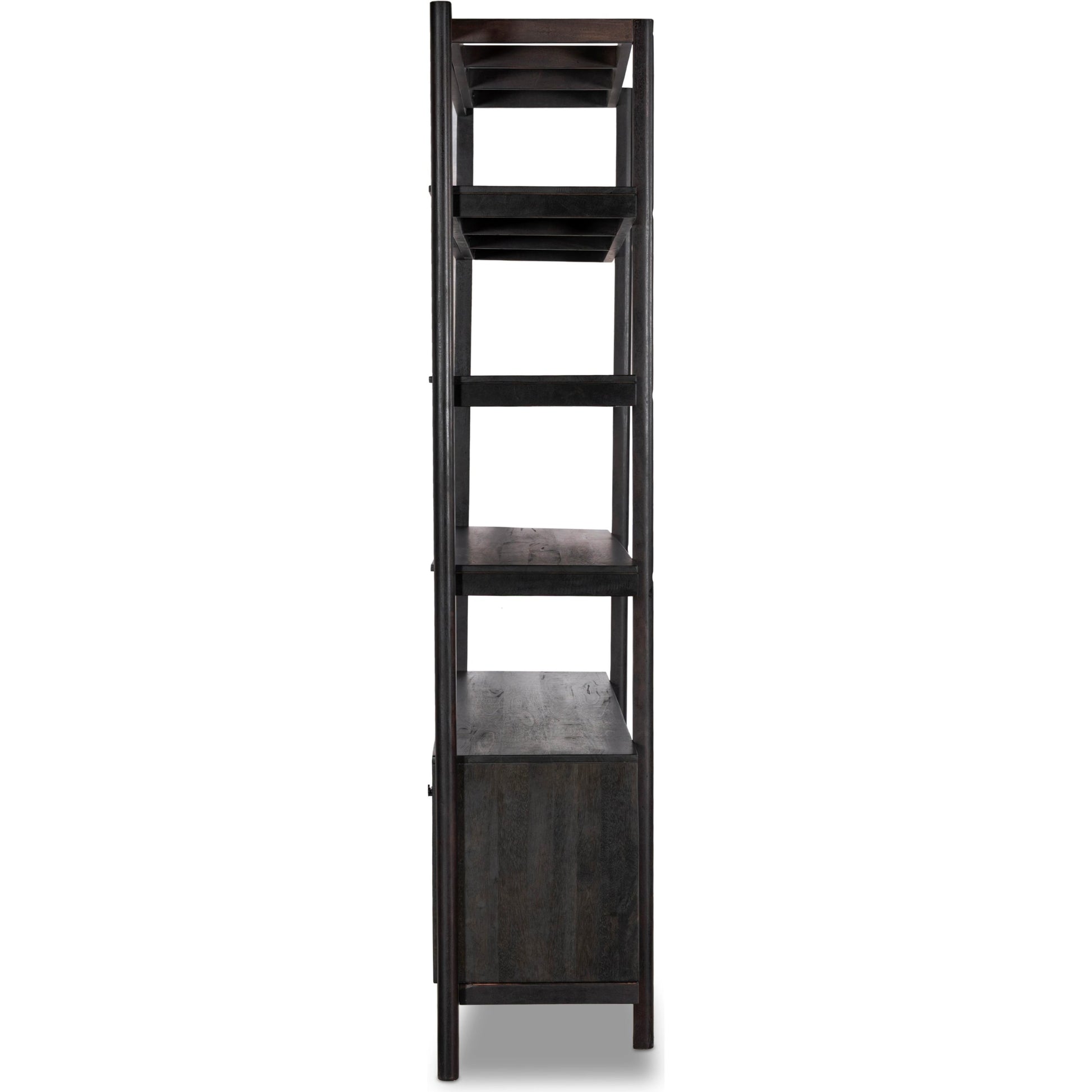 Reza Wide Bookcase by Four Hands in smoked honey, raw brass, toasted acacia. Made from solid acacia, solid parawood in a modern style.