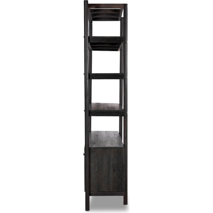 Reza Wide Bookcase by Four Hands in smoked honey, raw brass, toasted acacia. Made from solid acacia, solid parawood in a modern style.