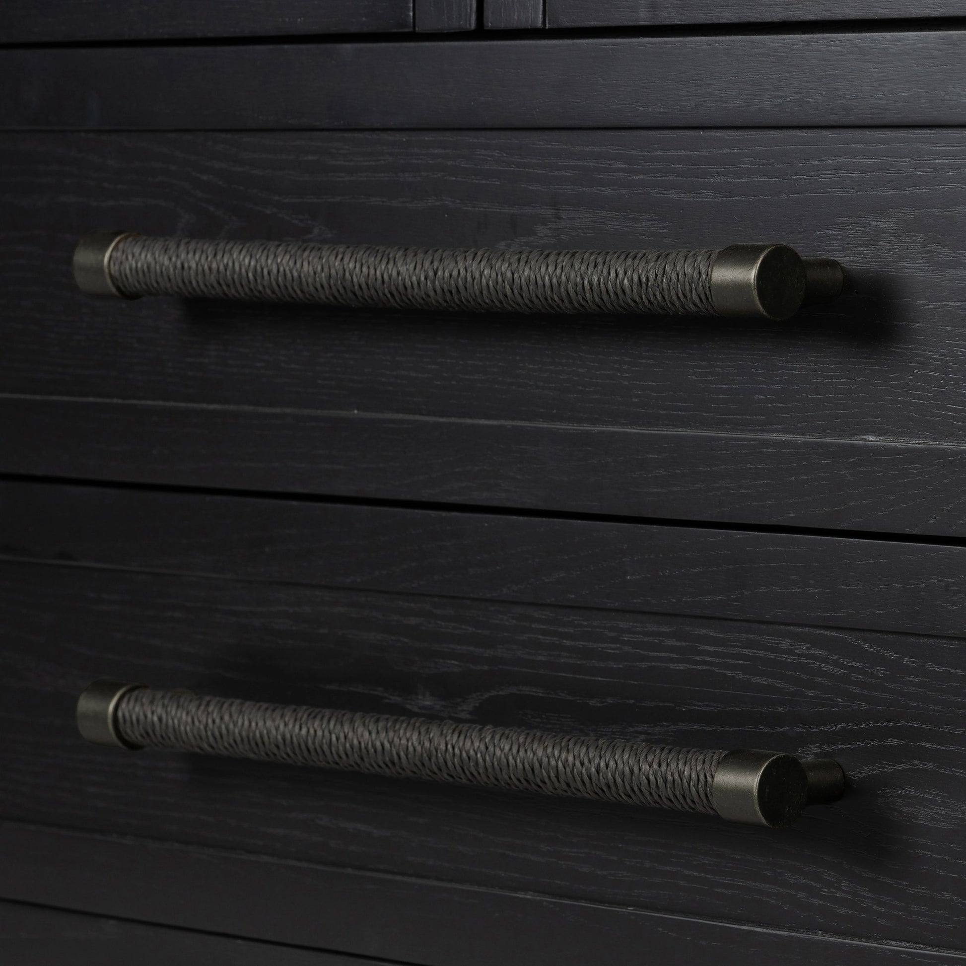 Laker Cabinet by Four Hands in black oak. Made from solid oak, rush, oak veneer in a cottage & farmhouse style.